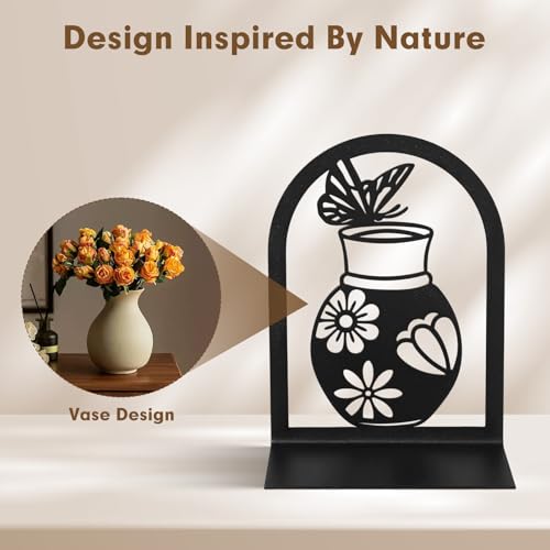 Aertiavty 2 Pcs Bookends for Shelves, Large Heavy-Duty Morden Vase Book Ends, Non-Skid Butterfly Bookends, Decorative Book Holder for Home Office, Metal Black Floral Book Stopper, 1 Pair - style: Butterfly Vase
