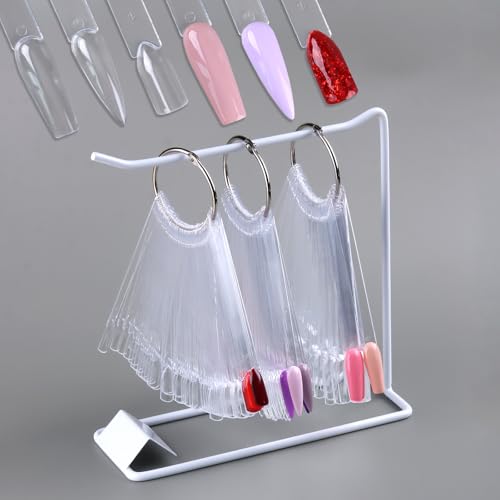 150 Pcs Nail Swatch Sticks with Ring & Nail Art Display Stand Storage Rack, Clear Fan-shaped Display for Nail Art Polish Practice, False Nail Sample Tips Nail tech Supplies for Home or Salon Use - color: White Shelf