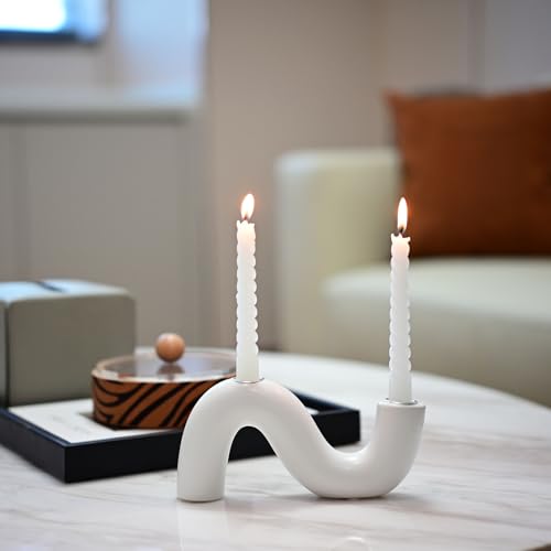 Ceramic Candle Holder, Modern Taper Candlestick Holder for Dining Table, Living Room Coffee Table, Candelabra for 2 Taper Candles-White - color: White