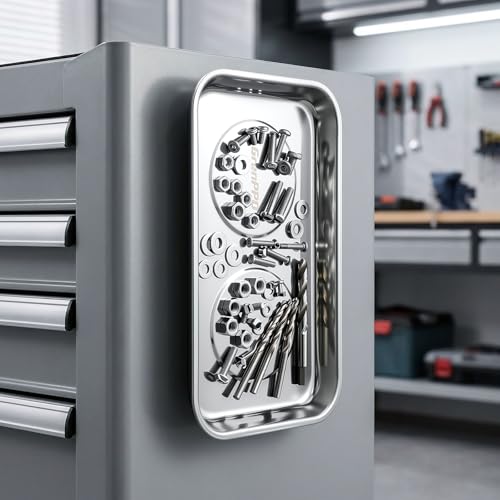 GRENPRO 4-Piece Magnetic Tray Set, 2 Large Square & 2 Round Stainless Steel Trays with Strong Magnet for Tool Organization, DIY Stickers Included - style: Square & Round (Stickers Included)