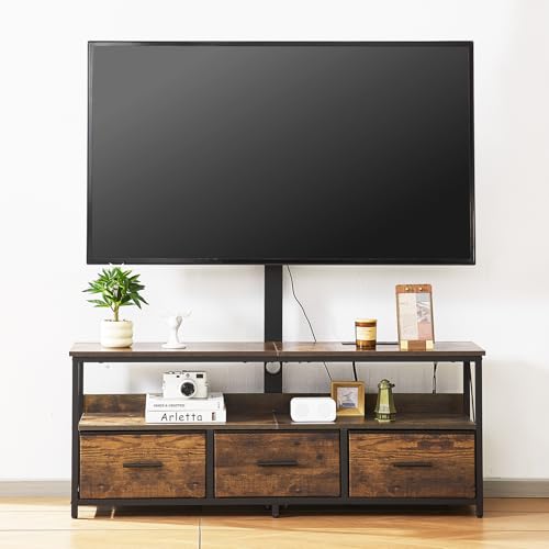 VEVOR 52" TV Stand with Mount for up to 75 in TVs, Entertainment Center with Power Outlet & LED Lights, Height Adjustable TV Console with Mount with 3 Drawers for Bedroom, Living Room, Brown - color: Brown, size: for 75" TVs