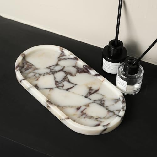 100% Natural Luxury Calaccata Viola Marble Small Hand Towel Tray Holder Organizer, Makeup Bathroom Holder - color: Viola-oval-10"x5"x0.7"