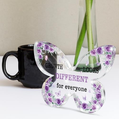 Growth Looks Different Butterfly Acrylic Sign - Purple Butterfly Decor, Unique Journey Reminder for Desk/Therapy Office, Self-Acceptance Gift for Women 4.7 * 3.2 Inch - color: Purple 45