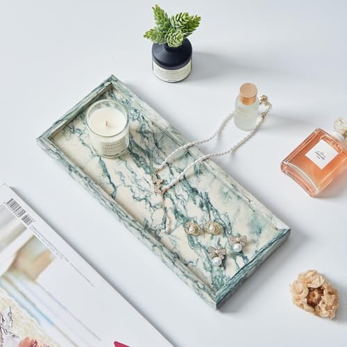 Natural Marble Vanity Tray, Luxury Stone Organizer for Bathroom & Kitchen Counter | Holds Soap Dispenser, Jewelry, Perfume | Non-Resin, Non-Ceramic Décor - color: Cyan-green, size: 11.8" x 5.1" x 0.8"