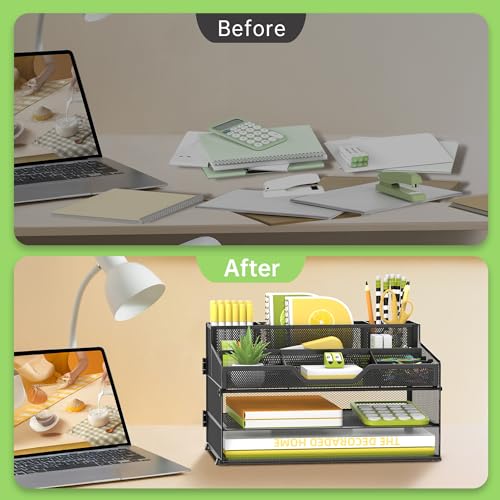SUPEASY 3 Tier Desk Organizer, Mesh Letter Tray Paper Organizer with 5 Adjustable Storage Compartments & Pen Holder, Metal Desk Accessories for Home Office School, Black - size: 13.6" x 9.4" x 2.3"