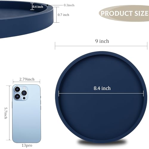 Silicone Bathroom Tray Round Vanity Tray Decorative Soap Holder Kitchen Countertop Organizer Coffee Table Decor for Candle, Perfume, Plant, 9 Inch, Dark Blue - color: Dark Blue, size: 9"