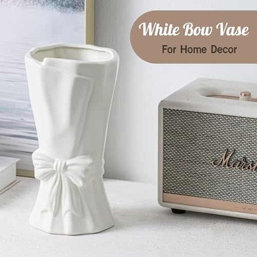 White Flower Vase for Home Decor, White Ceramic Vases for Boho Style, Bow Decor, 9.3 Inch Flower Vases for Bouquet, Large Vase for Ideal Shelf Decor/Table. (Large) - color: Pure White