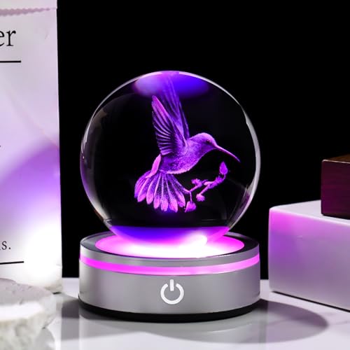 3.15in. 3D Hummingbird Crystal Ball Gifts for Women Girlfriend, K9 Crystal Decorative Ball Engraved Hummingbird Figurine Paperweight with LED Light Base for Home Office Decoration - color: Hummingbird