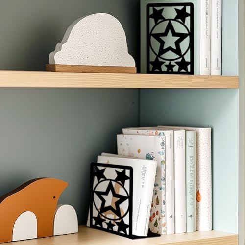 Star Metal Bookends for Shelves Decorative Books for Desk Organizer, Tall Sturdy Metal Book Ends for Heavy Books, Book Shelf Book Holder for Office Library Decor and Home Decor - style: Star