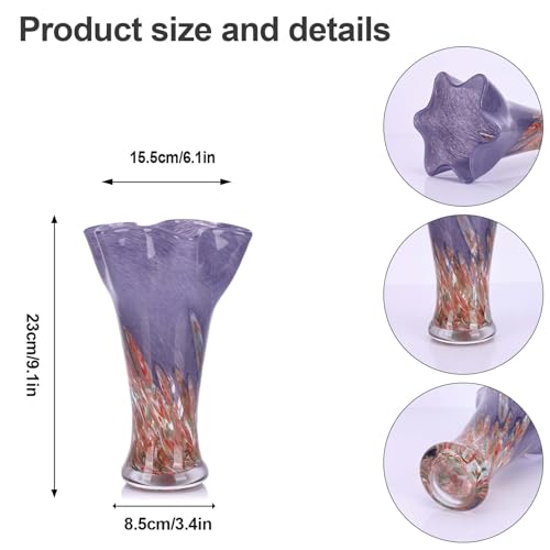 9.1H Murano Hand Blown Glass Vase, Ruffled Scalloped Rim Trumpet Shape, Wide Mouth Colorful Decorative Glass Vase, Sculptural Art Centerpiece for Living Room Table, Bathroom, Office Shelf (Red-Purple) - color: Red-purple