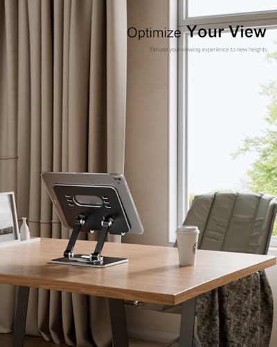 Orlian Tablet Stand Holder with Thickened 360°Rotating Base Dual Rod Adjustable Aluminum Stand for All 5.8-12.9” iPad Samsung Phone Tablet Kindle E-Reader and More, Black - color: Black