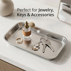 QWORK Small 304 Stainless Steel Vanity Tray 8.5 x 4 Inch, SUS304 Metal Jewelry Organizer Tray for Bathroom, Bedroom, Kitchen – Rectangular Makeup Storage Dish for Keys, Rings, Perfume, Soap Dispensers