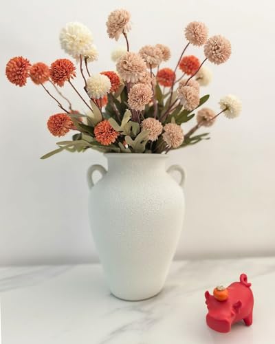 White Ceramic Pottery Barn Vase with Handles - 10" Large Decorative Terracotta Vase for Pampas Grass, Rustic Farmhouse Boho Vases for Home Decor, Living Room, Mantel, Table, Shelf - style: Sandstone White Pottery