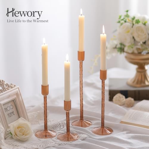 Hewory Glass Taper Candle Holders: 4 Pcs Brown Vintage Candlestick Holders Tall Candle Sticks Holder Decor, Glass Candle Holder for Table Centerpiece Wedding Christmas Advent Holiday Party Decorations - color: Brown