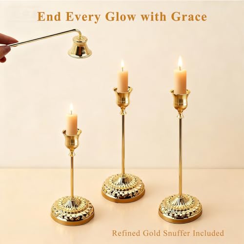 BEAHOT Gold Candle Holders, Set of 6 with Matching Candle Snuffer – Elegant Non-Slip Candlestick Holders for Christmas Decorations Wedding Centerpiece, Dining Table & Home Gift Display - color: Gold 6 Pack