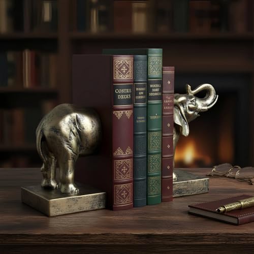 Elephant Book Ends Decorative Bookends for Shelves, Animal Elephant Bookends for Bookshelf Decor, Decorative Book Stoppers for Home Office Library - color: Vintage Elephant - Faux Bronze