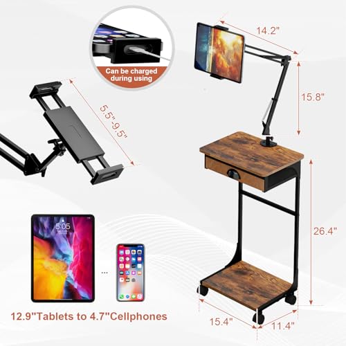 Floor Kindle Phone Tablet Stand with Drawer & Storage Shelves, Angle Height Adjustable Tablet Kindle Cell Phone Holder For Bed with Rotating Wheels, Compatible With 4.7"-13" Tablet iPone iPad Air Pro - size: 11.4"D x 15.4"W x 57.6"H