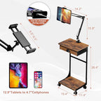 Floor Kindle Phone Tablet Stand with Drawer & Storage Shelves, Angle Height Adjustable Tablet Kindle Cell Phone Holder For Bed with Rotating Wheels, Compatible With 4.7"-13" Tablet iPone iPad Air Pro - size: 11.4"D x 15.4"W x 57.6"H