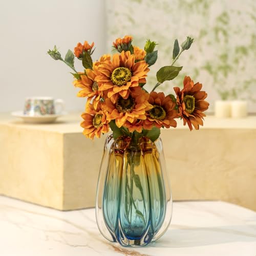 Hand Blown Glass Flower vases, Unique Glass vases, Wide Mouth vases, Small Modern Art Deco Glass vases for Home Living Room, Office, Table centerpieces, Bookshelves and Wedding Decorations