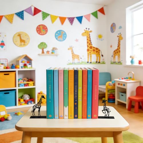 1 Pair Giraffe Bookends for Shelves,3D Foldable Giraffe Book Ends Decorative Bookends Organizer Metal Book Stands Journal Book Holder Book Stoppers for Women Girls Kids Gift Home School Library Decor