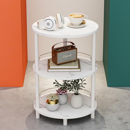 Small Nesting Coffee Table - 3-Tier Oval Accent Table for Small Spaces, Rustic Wood and Metal Couch End Table, Nightstand for Bedroom or End Table Living Room, Easy to Assemble, Marble White - color: Marble White, size: 1-Pack, style: With Guard Rail