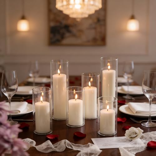 12PCS Hurricane Candles Set with Glass Cylinders – White Unscented Pillar Candles in Glass, 3 Size Mixed Glass Pillar Candle Holder, Windproof Elegant Table Centerpiece for Home, Wedding, Party Decor