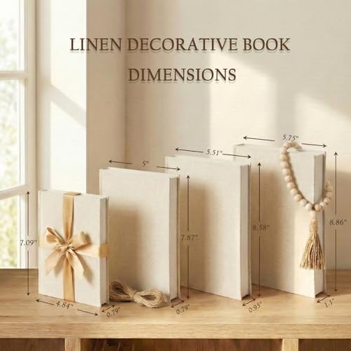 Decorative Books for Home Decor-Set of 4 Real Linen Decorative Books, Stacked Books with Wood Bead Garland, Jute Twine & Satin Ribbon, Neutral Modern Farmhouse & Boho Shelf Decor (Beige) - color: Beige