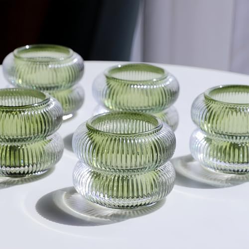 Woho Ribbed Glass Votive Candle Holders Set of 6, Vintage Tealight Candle Holder for Wedding Decor, Elegant Tea Lights Candle Holder for Dinner Table/Christmas Decorations(Green, 2.1" H X 2.75" D) - color: Green