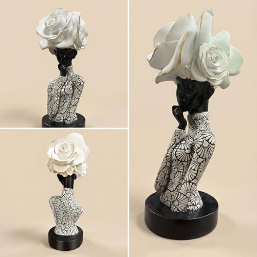 Lescafita African Woman Sculpture with White Rose Headdress, Black and White Resin Statues, Modern Abstract African Art Statue for Home Decor Shelf Table Office Display - color: 112-white