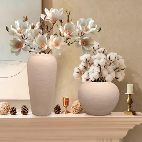 Ceramic Flower Vase Round Textured Vase,Farmhouse Vase Terracotta Rustic Vases for Home Decor for Living Room,Dining Table Decor,Shelf Decor,Centerpiece - size: 6 inch
