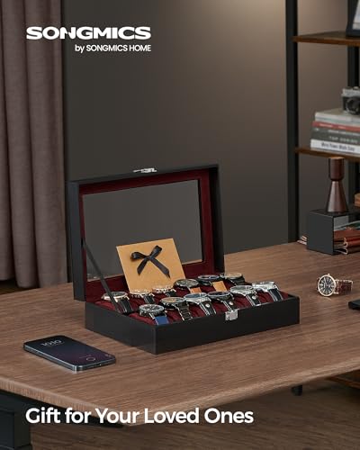 SONGMICS Watch Box, 12-Slot Watch Case Organizer with Large Glass Lid, Removable Pillows, Gift for Loved Ones, Black Synthetic Leather, Wine Red Lining UJWB120R01 - color: Black + Wine Red, size: 12 Slot