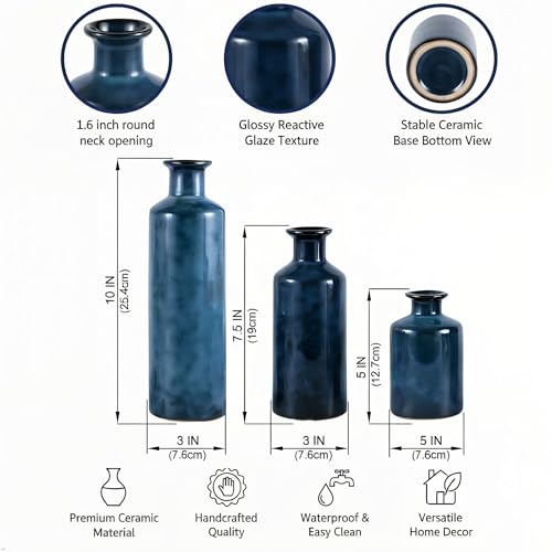 Mowtanco Blue Ceramic Vase Set of 3 Small Vases, Modern Farmhouse for Home Decor Bottles, Rustic Terracotta Vase Decorative Vases for Table,Fireplaces Decor, Bookshelf, Living Room