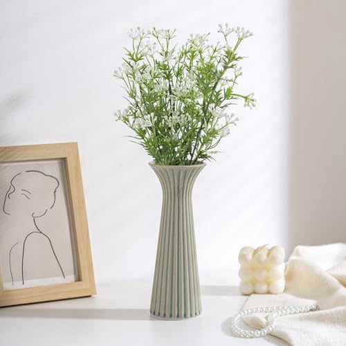 7.68” Vintage Green Ribbed Ceramic Vase, Small Rustic Farmhouse Vase for Pampas Grass, Centerpiece, Coffee Table, Kitchen, Office & Home Decor - color: Rustic Green