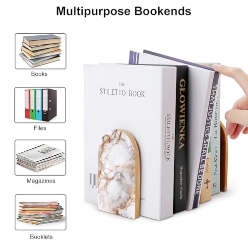 Minimalist Marble Texture Wooden Bookends Shelves 2 PCS White and Rose Gold Veins Sturdy Book Holders Desktop Organizer for Home Office Libraries - color: Color-4