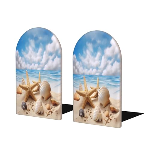 Beach Starfish Seashells Blue Sky L-Shaped Book Ends 1 Pair Wood Bookends Ocean Summer Book End Supports for Heavy Book Shelf Holder Home Decorative - color: Beach Starfish Seashells Blue Sky