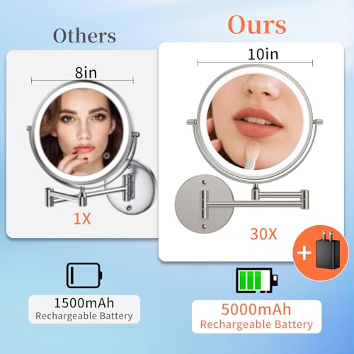 FUNTOUCH 5000mAh Rechargeable Wall Mounted Makeup Mirror with Lights, 9" Double Sided 1X/30X Magnifying Mirror with Dimmable 3 Color Light, Extended Swing Arm 360° Wall Mount Bathroom Mirror,Nickel - color: Nickel-30x