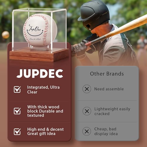 JupDec Baseball Display Case - Clear Cube Baseball Holder with Wooden Base, Autograph Stand Box for Single Ball, Acacia Wood, Brown, 1 Pack - size: 1 Pack