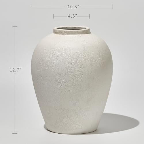 LB2 White Ceramic Large Vase, 12.7" Tall Zen Style vase, Terra Cotta Pitcher, Distressed Farmhouse Decor, Pottery Decorative Flower for Home Decor - color: White - 12.7"