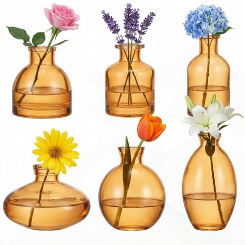 Glass Bud Vases Set of 6, Small Gold Amber Flower Vases for Wedding Centerpiece Vintage Mini Glass Flower Bottles for Floral Arrangement Party Home Office Dining Table Decor - color: Gold Amber