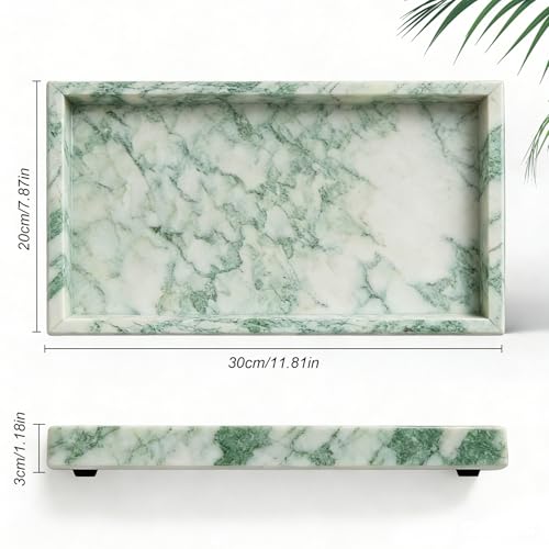 Natural Marble Tray, Stone Tray for Bedroom/Bathroom/Kitchen/Vanity Countertop, Jewelry Tray for Rings Earrings Necklace Bracelet Watch, Room Decor Aesthetic - color: Lotus Green, size: 11.8" x 7.9" x 1.2"