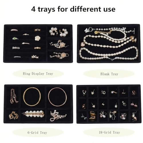 Stackable Jewelry Organizer Trays for Drawer, Set of 4 Velvet Jewelry Drawer Inserts in Dresser, 8in Storage Display Case for Rings Stud Necklaces Accessories(Black) - color: Black