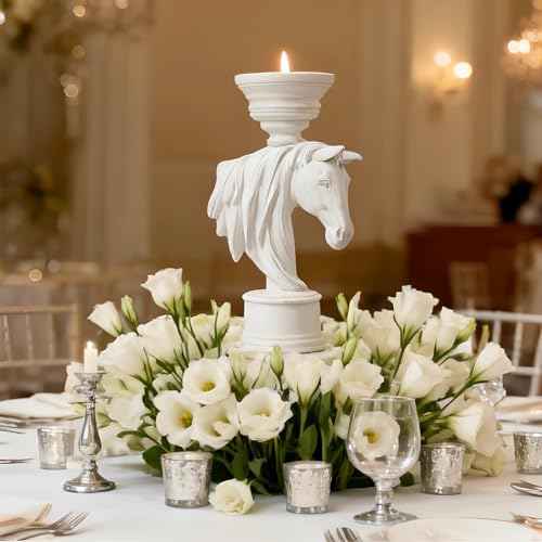 Horse Candle Holder 12 Inch – Rustic Equestrian Stallion Figurine for Farmhouse Table Centerpiece, Western Mantel Decor, Entryway Console Display, Resin Horse Statue with Pillar Candle Tray - color: Horse