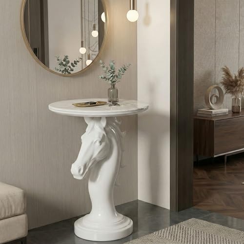 Modern Horse Statue Side Table - Round Faux Marble Top Accent Pedestal with Sculpture Base for Entryway & Living Room, White - color: White Horse