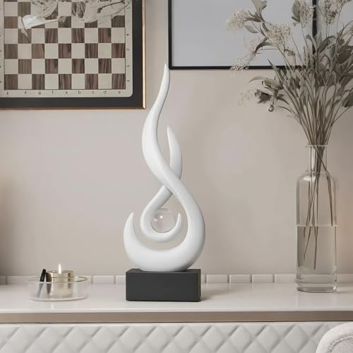 Modern Flame Sculpture Decor Flame Statue with Glass Ball Resin Abstract Art Figurines Centerpiece for Home Living Room Stand Coffee Table Office Decor (Medium White) - color: Medium White