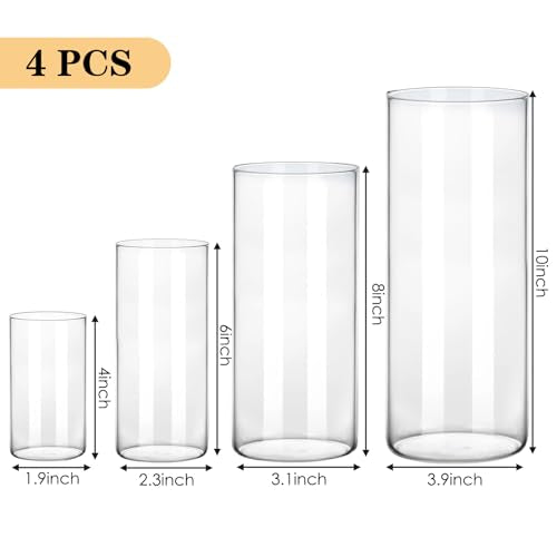 Fixwal 4pcs Clear Glass Cylinder Vases, 4, 6, 8, 10 Inch Tall Cylinder Vases for Centerpieces, Glass Flower Vase Floating Candle Holder Vase for Table Shelf, Party, Wedding, Home Decor - size: 4pcs