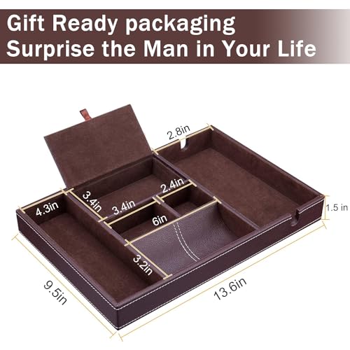 Baoyun Mens Nightstand Organizer, Leather Valet Tray for Men, EDC Catchall Tray with Phone Charging Station, Dresser Top Organizer, 6 Compartments Entryway Valet Box for Wallet, Keys, Phone - color: Single layer-Brown