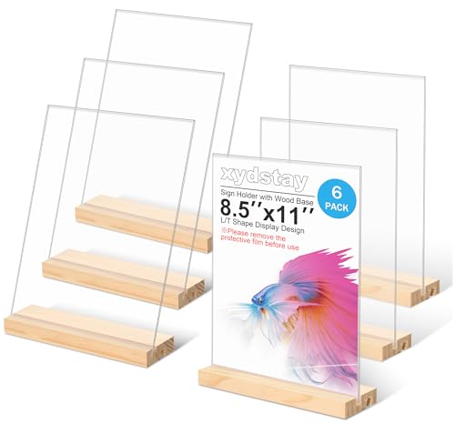 xydstay 6pack 8.5x11 Acrylic Sign Holder with Wood Base for Picture Frames,L/T Shape Double Slot Design for Vertical or Slant Back Display, for Restaurant, Office, School, Store and Home Use - size: 6 pack