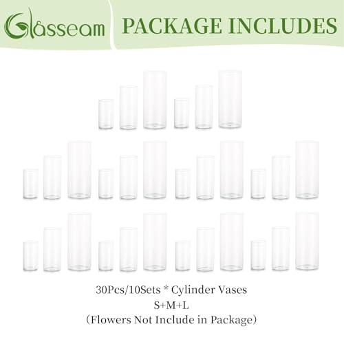 Cylinder Glass Vase Set of 30, Cylinder Vases for Centerpieces Bulk, Modern Clear Hurricane Candle Holders for Pillar Candles, Wedding Flower Vases for Floating Candle Table Decorations - size: S+M+L