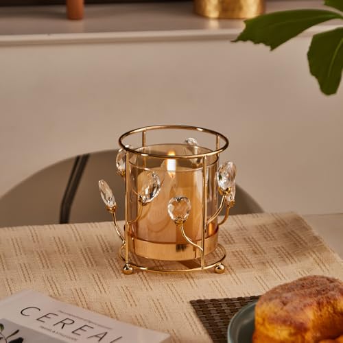 Hurricane Candle Holder, Gold Pillar with Crystal Accents & Windproof Glass Lid - Elegant Centerpiece for Weddings, Dinners, Party Decor - size: Large