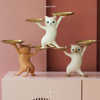 Surakey Resin Cartoon Cat Sculpture with Metal Tray Animal Statue Figurine Storage Tray Key Tray Sundries Candy Container Nut Tray Double Tray for Home Desk Decor Gift (Gray)